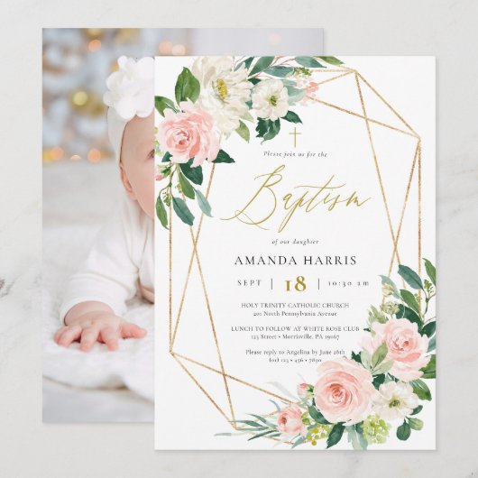 Blush Floral & Gold Lijst Photo Baptisme Invitatio Kaart (Voorkant / Achterkant)
