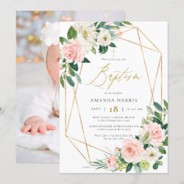 Blush Floral & Gold Lijst Photo Baptisme Invitatio Kaart