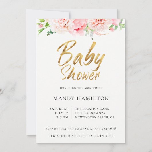 Blush Floral Gold Script Baby shower Invitation Kaart (Voorkant)