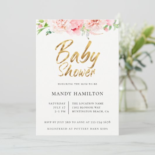 Blush Floral Gold Script Baby shower Invitation Kaart (Staand voorkant)