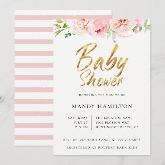 Blush Floral Gold Script Baby shower Invitation Kaart (Voorkant / Achterkant)