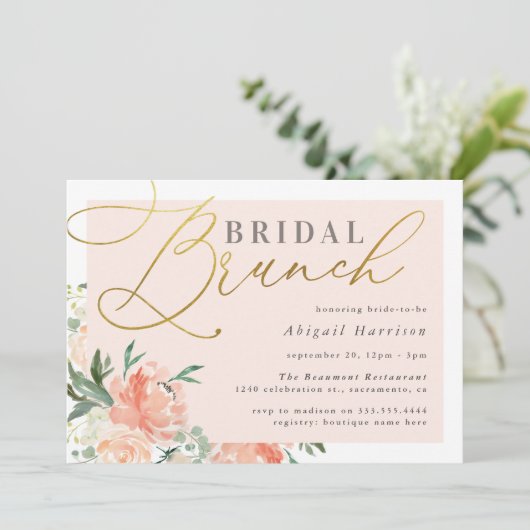 Blush Floral Gold Script Bridal Brunch Kaart (Staand voorkant)