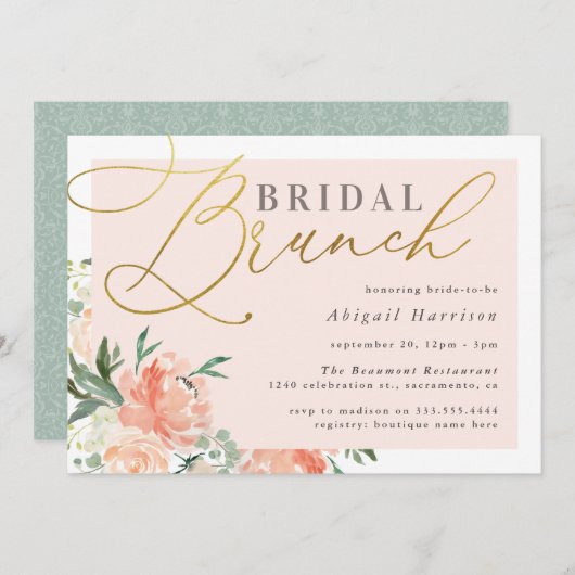 Blush Floral Gold Script Bridal Brunch Kaart (Voorkant / Achterkant)