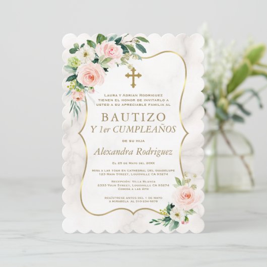 Blush Floral Gold Spain 1st Birthday Baptisme Kaart (Staand voorkant)