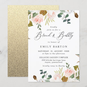 Blush Floral & Gold Vrijgezellenfeest Brunch & Bub Kaart