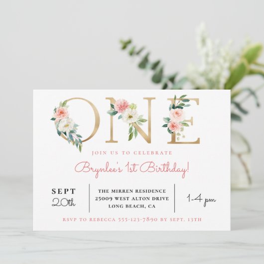 Blush Floral Golden ONE | 1e uitnodiging van de da (Staand voorkant)