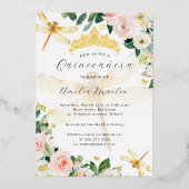 Blush Floral Goud Dragonfly Quinceanera Folie Uitnodiging (Voorkant)