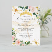 Blush Floral Goud Dragonfly Quinceanera Folie Uitnodiging (Staand Voorkant)