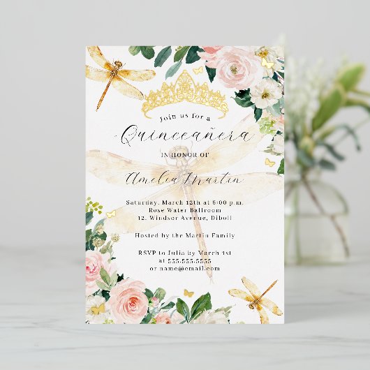 Blush Floral Goud Dragonfly Quinceanera Folie Uitnodiging (Staand Voorkant)