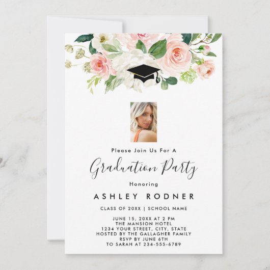Blush Floral Graduation Invitations Kaart (Voorkant)