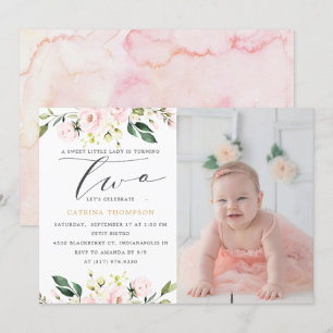 Blush Floral Greenery Girl 2e verjaardag Foto Kaart