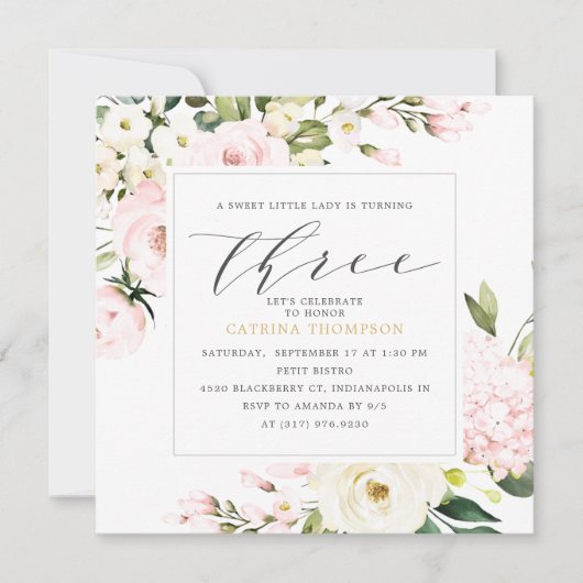 Blush Floral Greenery Girl 3rd Birthday Party Kaart (Voorkant)