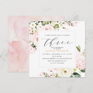 Blush Floral Greenery Girl 3rd Birthday Party Kaart