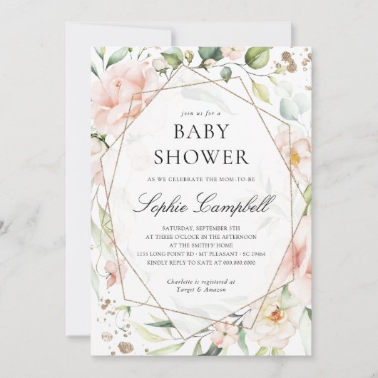 Blush Floral Greenery Girl Rustic Baby shower Kaart (Voorkant)