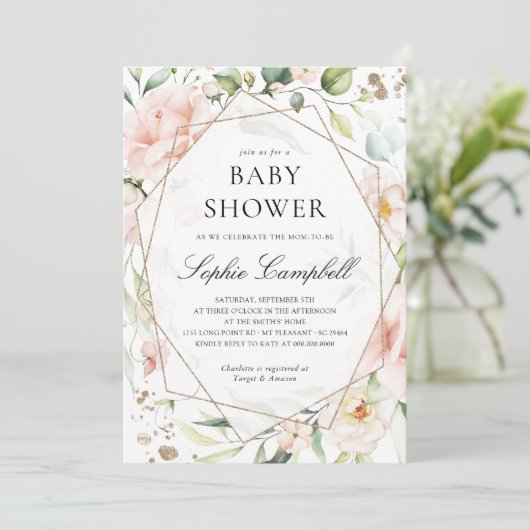 Blush Floral Greenery Girl Rustic Baby shower Kaart (Staand voorkant)