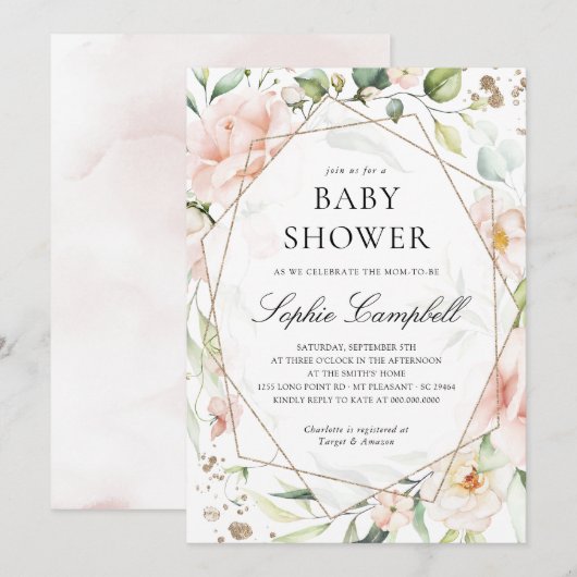 Blush Floral Greenery Girl Rustic Baby shower Kaart (Voorkant / Achterkant)