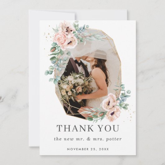 Blush Floral Greenery Gold Geometric Photo Weddens Bedankkaart (Voorkant)