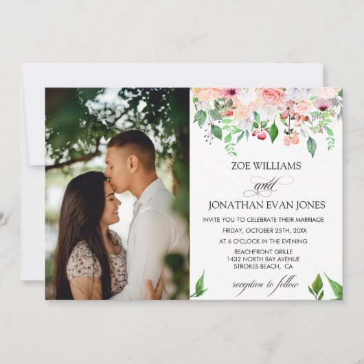 Blush Floral Greenery Personalized Photo Wedding Kaart (Voorkant)