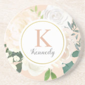 Blush Floral Greenery Roos Gold Monogram Initiaal Zandsteen Onderzetter (Voorkant)