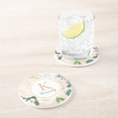 Blush Floral Greenery Roos Gold Monogram Initiaal Zandsteen Onderzetter (Zijkant)