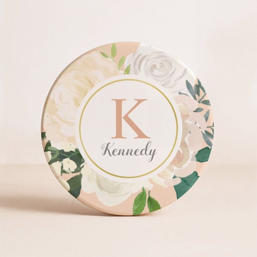 Blush Floral Greenery Roos Gold Monogram Initiaal Zandsteen Onderzetter