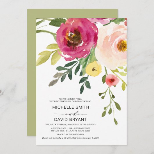 Blush Floral, Greenery, Wedding Rehearsal Dinner Kaart (Voorkant / Achterkant)
