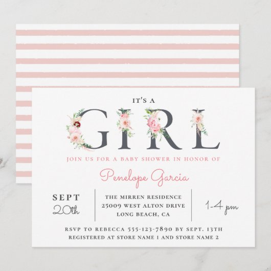 Blush Floral Het is een GIRL Baby shower Kaart (Voorkant / Achterkant)