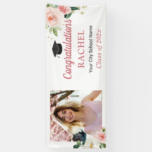 Blush Floral High School Afstuderen Foto Afstudere Spandoek (Verticaal)