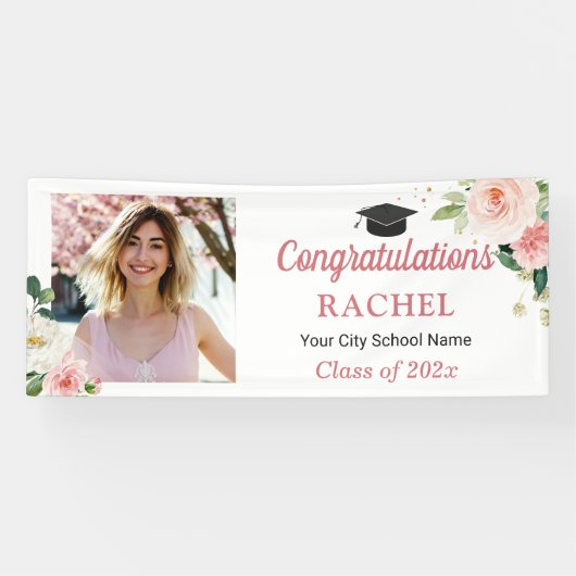 Blush Floral High School Afstuderen Foto Afstudere Spandoek (Horizontaal)