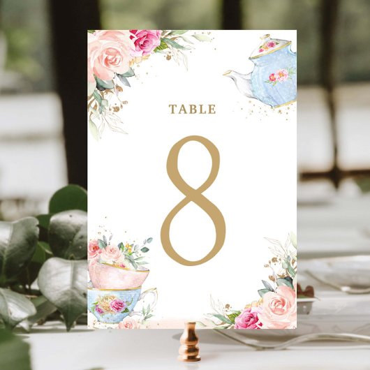 Blush Floral High Tea Party Bridal Table Number Kaart