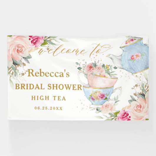 Blush Floral High Tea Party Vrijgezellenfeest Back Spandoek (Horizontaal)