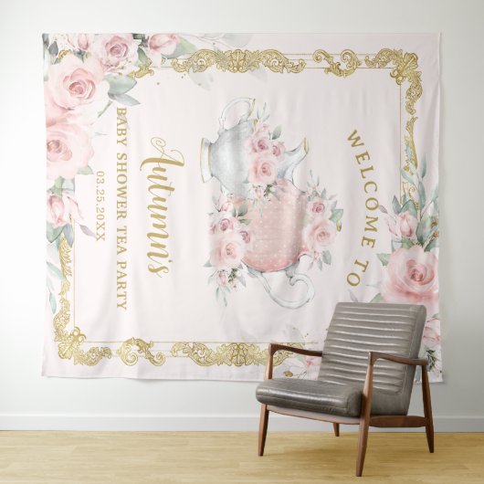 Blush Floral High Tea Verjaardag Baby Vrijgezellen Wandkleed (In Situ (horizontaal))