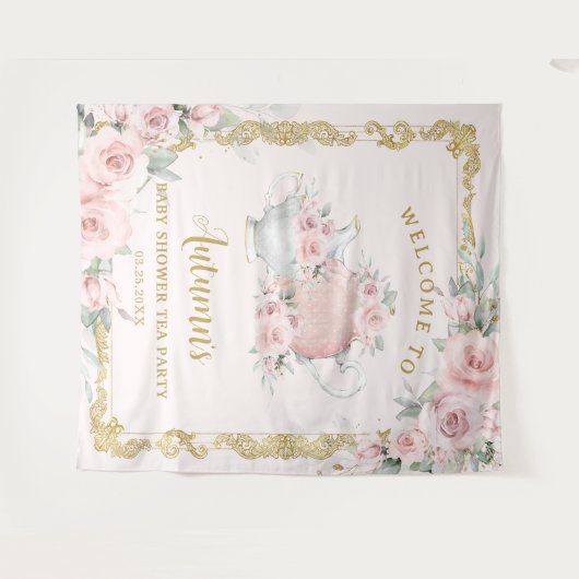 Blush Floral High Tea Verjaardag Baby Vrijgezellen Wandkleed (Voorkant (horizontaal))
