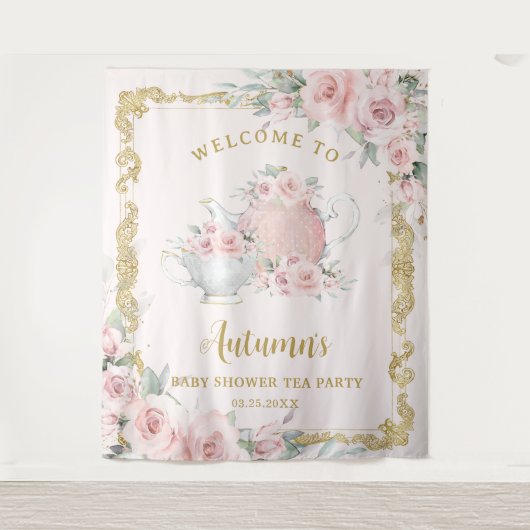 Blush Floral High Tea Verjaardag Baby Vrijgezellen Wandkleed (Voorkant)