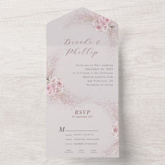 Blush Floral in One Wedding Invitation RSVP All In One Uitnodiging (Binnen)