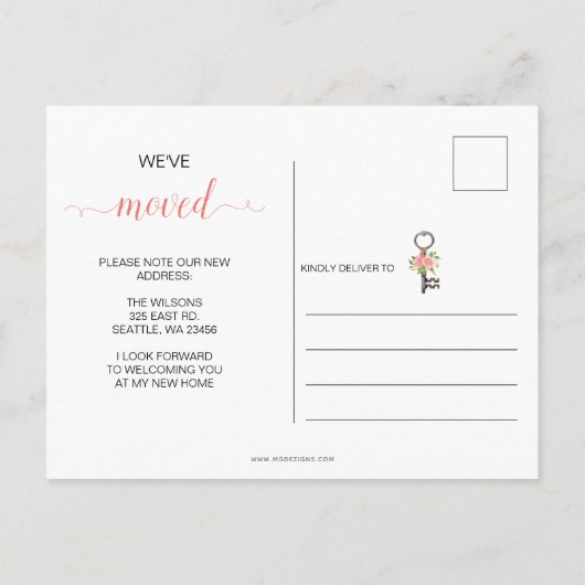 Blush Floral Key die we hebben verplaatst Aankondigingskaart (Achterkant)