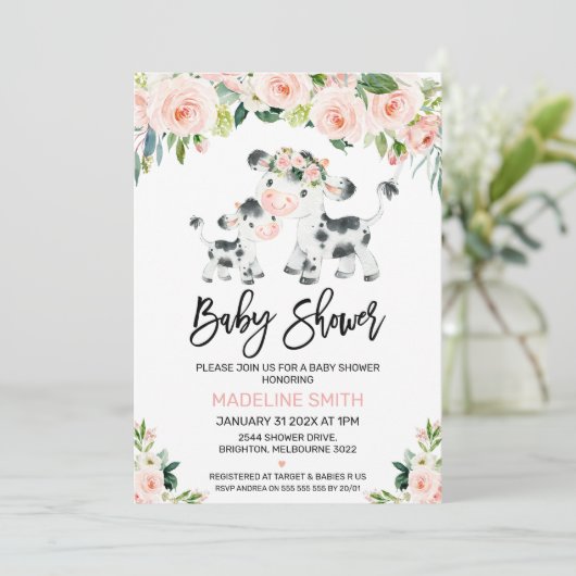 Blush Floral Koe en Calf Baby shower Invitation Kaart (Staand voorkant)