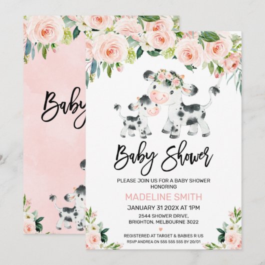Blush Floral Koe en Calf Baby shower Invitation Kaart (Voorkant / Achterkant)