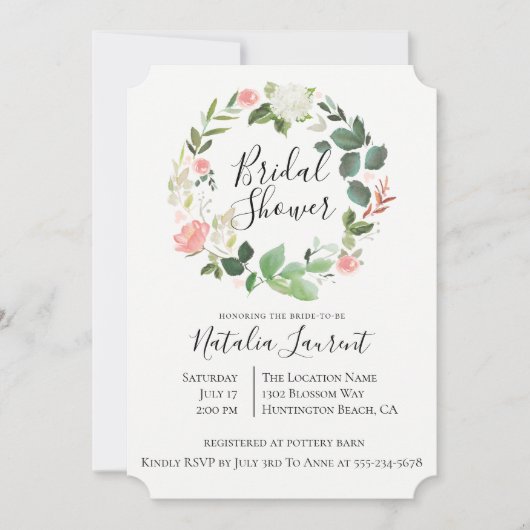 Blush Floral krans bruids douche uitnodiging (Voorkant)