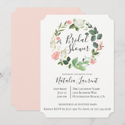Blush Floral krans bruids douche uitnodiging (Voorkant / Achterkant)