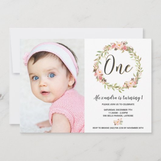 Blush Floral krans EEN 1e verjaardag meisje foto Kaart (Voorkant)