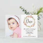 Blush Floral krans EEN 1e verjaardag meisje foto Kaart (Staand voorkant)