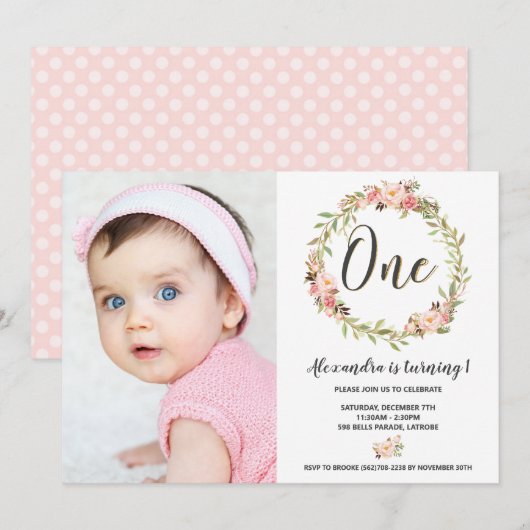 Blush Floral krans EEN 1e verjaardag meisje foto Kaart (Voorkant / Achterkant)