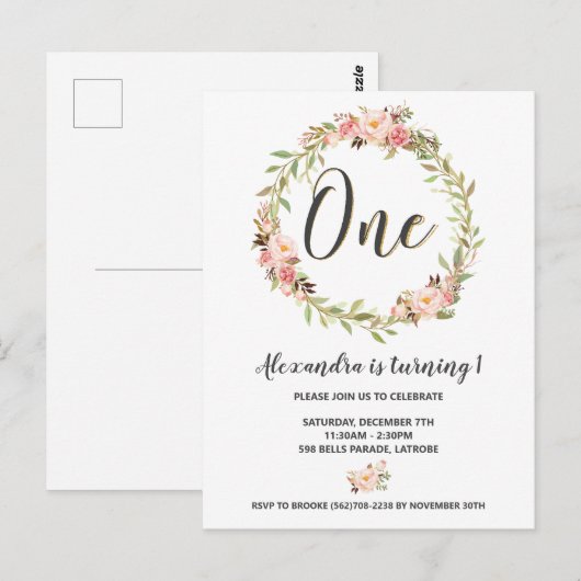 Blush Floral krans EEN 1e verjaardag uitnodiging (Voorkant / Achterkant)