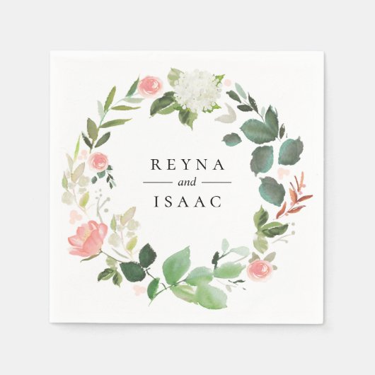 Blush Floral krans gepersonaliseerde papieren serv Servet (Voorkant)