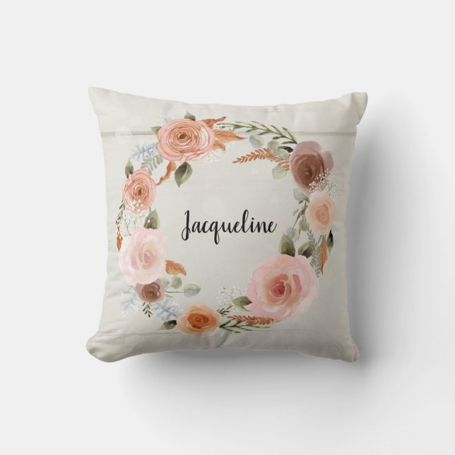 Blush Floral krans huisje wit hout perzik meisje Kussen (Voorkant)