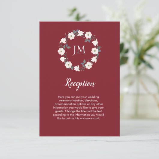 Blush Floral krans Monogram Bourgondië bruiloft Informatiekaartje (Staand voorkant)