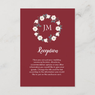 Blush Floral krans Monogram Bourgondië bruiloft Informatiekaartje
