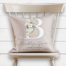 Blush Floral Letter B Monogram Baby Birth Stats Kussen