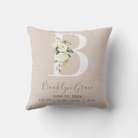 Blush Floral Letter B Monogram Baby Birth Stats Kussen (Achterkant)